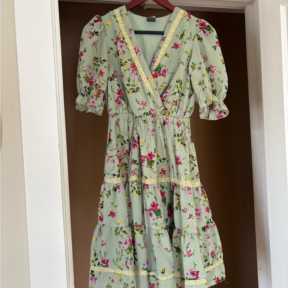 Floral Green Dress with Pink Accents